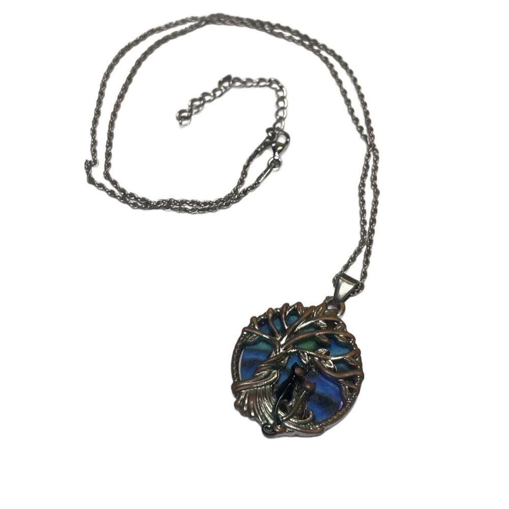 Tree of Life Silver Necklace with Blue-Green Enamel Pendant - Picture 5 of 13